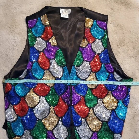 Vintage Venezia Sequins Multi Colored Bling Beaded Vest Rainbow Colors Dopamine - Picture 9 of 12